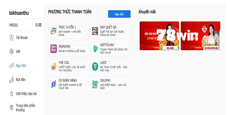 Đang dạng kênh thanh toán giao dịch 78win